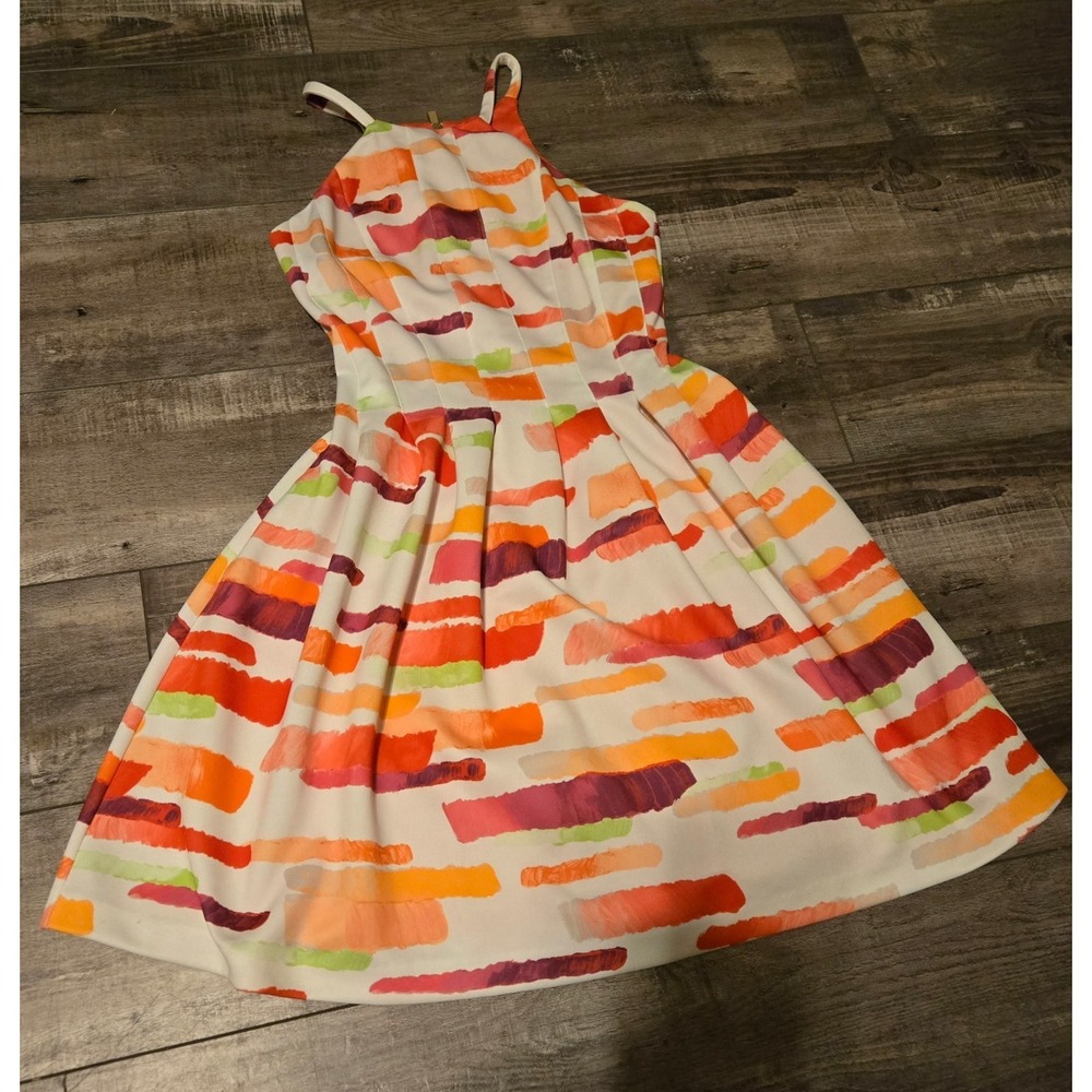 Vince Camuto Dress Sz2 Brush Stroke Vibrant Bright Fit & Flare Lined Summer